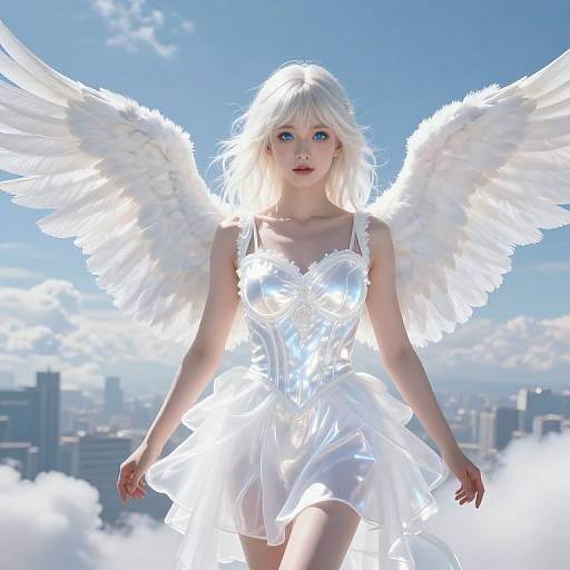 Digital artwork of a blonde angel with blue eyes, wearing a glowing white dress and large feathered wings, floating above a city skyline with clouds.