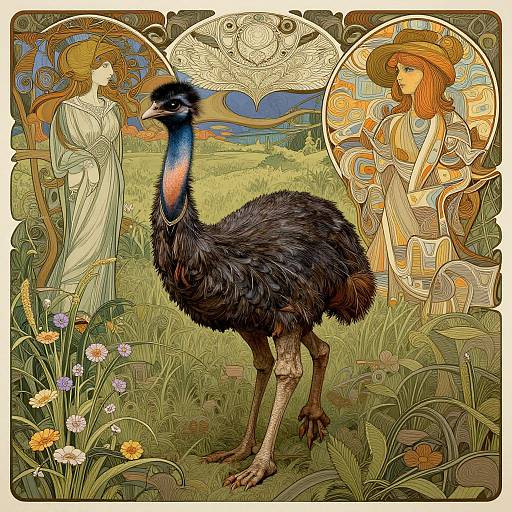 Art Nouveau-style digital illustration of an emu in a grassy field, flanked by two women in flowing dresses, framed by intricate, decorative