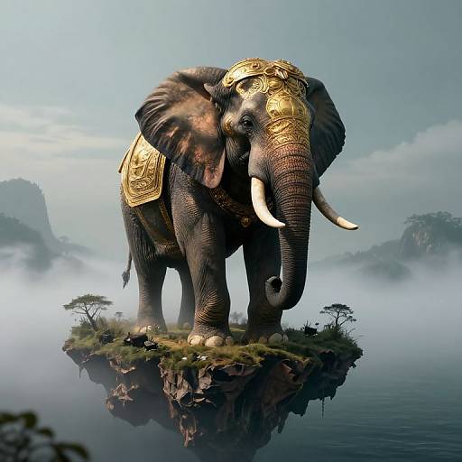 Digital artwork of a majestic, golden-ornamented elephant standing on a misty, floating island surrounded by calm, reflective water and distant rocky cliffs