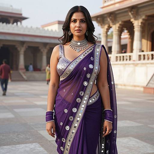 Photograph of a confident, dark-haired Indian woman in a purple saree with silver embroidery and jewelry, standing in a sunlit, historic courtyard.