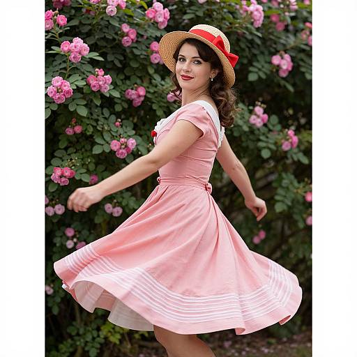 Photograph of a smiling woman with fair skin and wavy brown hair, wearing a pink dress and straw hat, standing in front of blooming pink