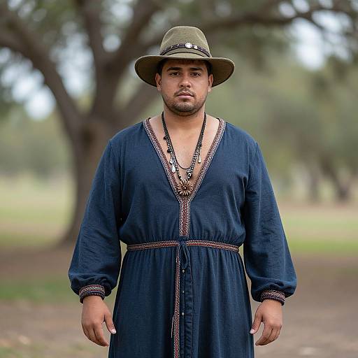 Photograph of a bearded man in a dark blue medieval-style tunic, olive green hat, and beaded necklace, standing in a blurred,