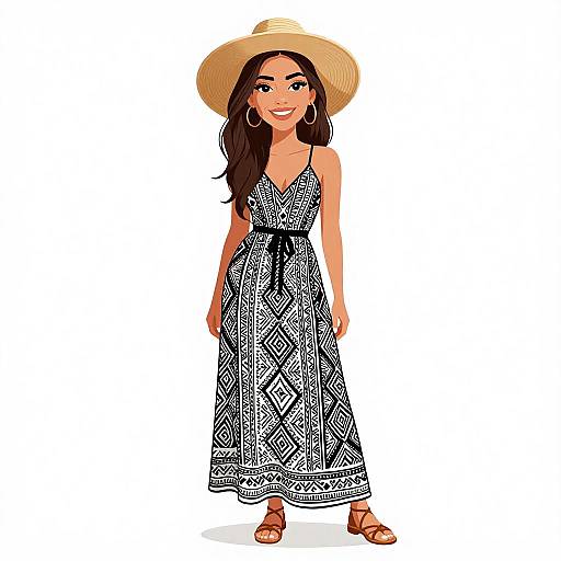 Digital illustration of a smiling woman with long brown hair, wearing a wide-brimmed straw hat, black-and-white patterned sundress, and brown