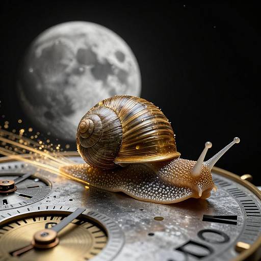 Photorealistic CGI of a golden, spiral-shelled snail gliding on a metallic, clock-like surface with a glowing full moon in the dark