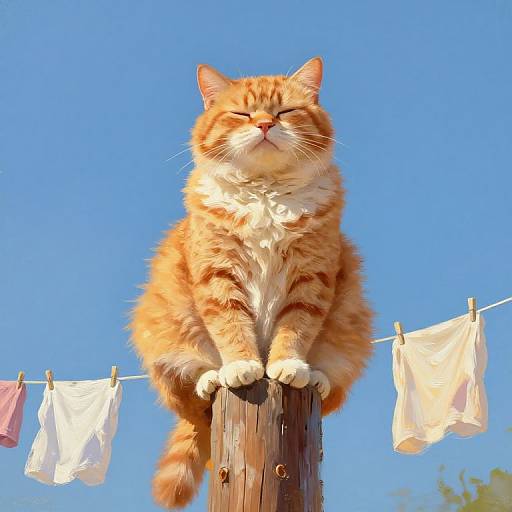 Photograph of a fluffy orange and white tabby cat with closed eyes, sitting contently on a wooden post against a bright blue sky. Laundry hangs