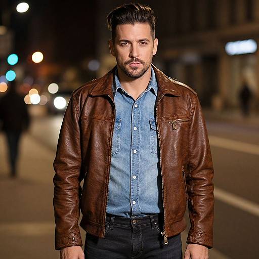 Photograph of a handsome, bearded man with dark hair, wearing a brown leather jacket over a blue denim shirt, standing on a nighttime city street