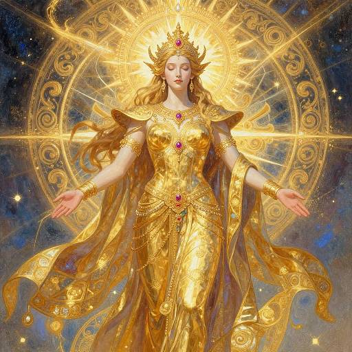 Digital artwork of a radiant, golden-armored goddess with long, flowing hair, wearing a crown, with outstretched arms, surrounded by a glowing