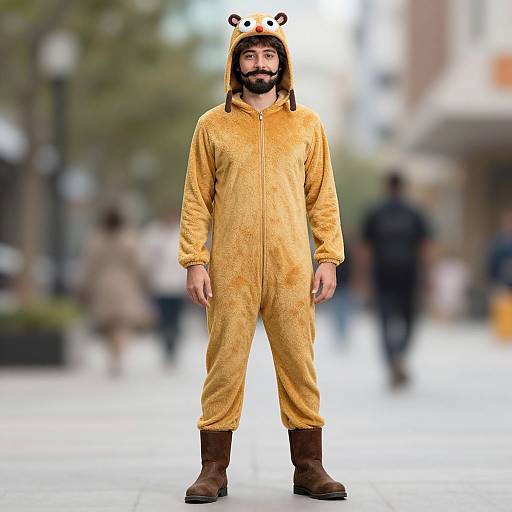 Photograph of a bearded man in a yellow, bear-themed onesie with hood and bear ears, standing in a blurred urban street.