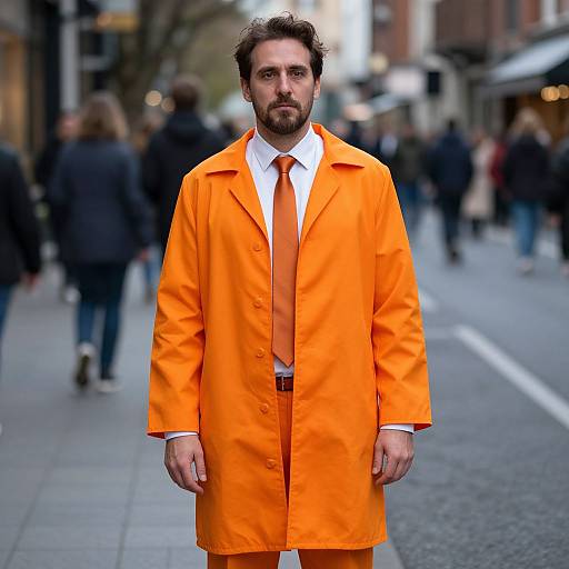 Photograph of a serious-bearded man in an oversized bright orange coat and matching tie, standing on a busy city street.