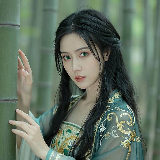Photograph of an Asian woman with long black hair, green eyes, and pale skin, wearing an ornate green and gold robe, standing against a