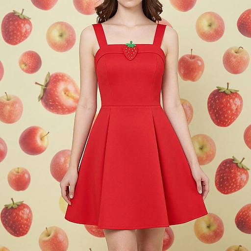 Photograph of a woman in a bright red, sleeveless, square-neck dress with a strawberry brooch, standing against a patterned yellow background with
