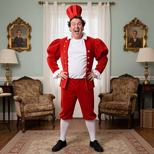 Photograph of a man in 18th-century red court jester outfit with exaggerated puffed sleeves, white cravat, and hat, standing