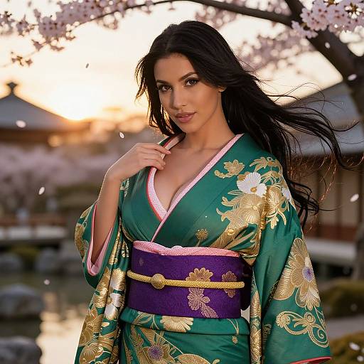 Photograph of a beautiful woman with long black hair in a green kimono with gold and purple floral patterns, standing under cherry blossom trees at sunset.
