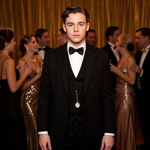 Photograph of a young white male in a black tuxedo with a bow tie, standing in front of a gold curtain, surrounded by elegantly