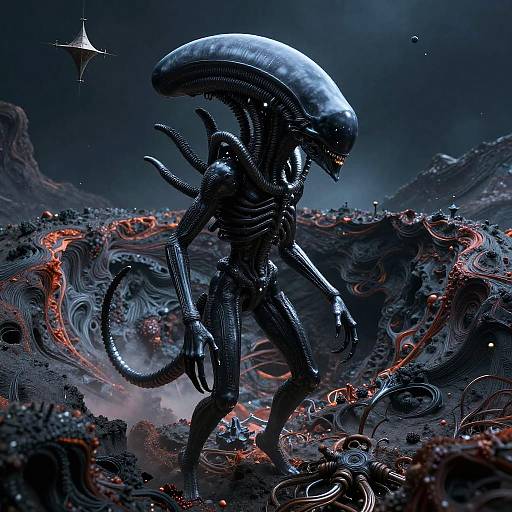 Crystalline Alien Xenomorph in Cosmic Crater