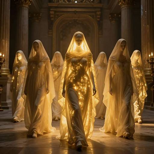 Photograph of seven veiled, glowing figures in white robes with illuminated, ethereal light, walking in a dimly lit, ornate cathedral.