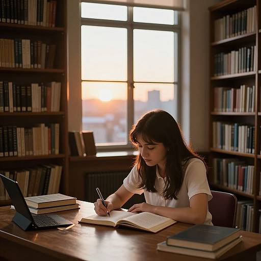 Photograph of a young woman with long brown hair, wearing a white t-shirt, writing in a notebook at a wooden library table, with sunset sunlight