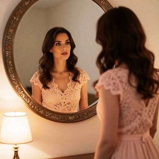 Woman in Pink Lace Dress Looking in Ornate Mirror