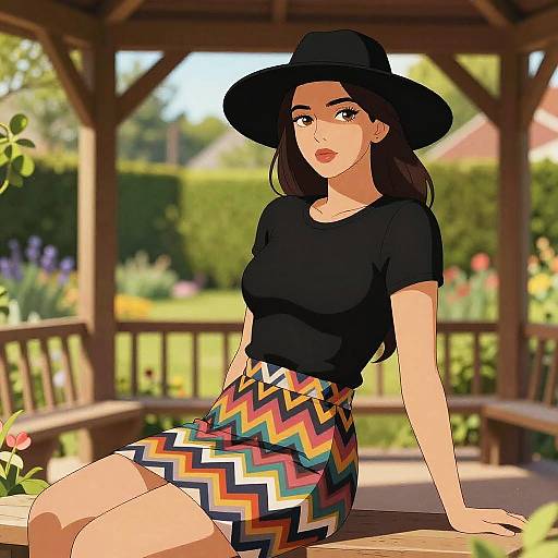 Digital illustration of a fair-skinned woman with long brown hair, black hat, black top, and colorful zigzag skirt, sitting in a sunny garden