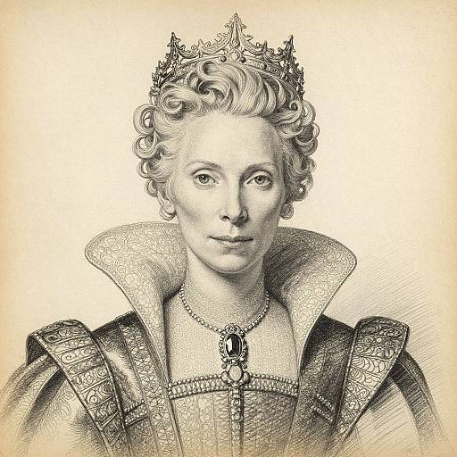 Black-and-white drawing of a regal woman with curled hair, wearing an elaborate crown, high-necked Renaissance gown, and ornate necklace.