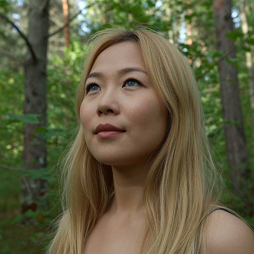 Photograph of a young Asian woman with long blonde hair, blue eyes, and fair skin, gazing upward in a lush, green forest.
