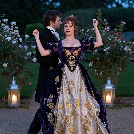 Photograph of a romantic evening scene: man in black suit, woman in detailed white and purple gown, dancing under lanterns, surrounded by blooming