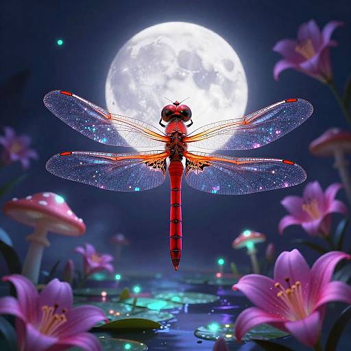 Digital artwork: Vibrant red dragonfly with sparkling wings, centered against a bright full moon, surrounded by glowing pink lilies and mushrooms in a mystical