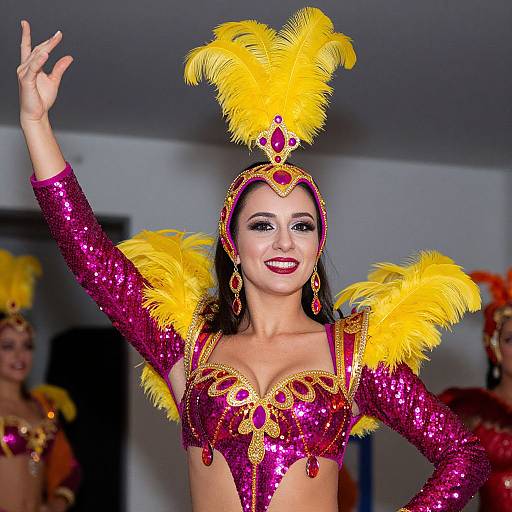 Vibrant Magenta Costume with Feather Headdress