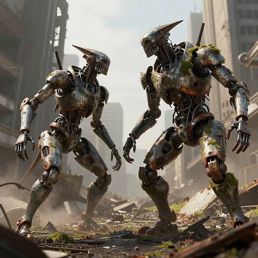 CGI image of two muscular, armored, insectoid robots with sharp spikes, standing in a ruined, sunlight-lit urban street, facing each other