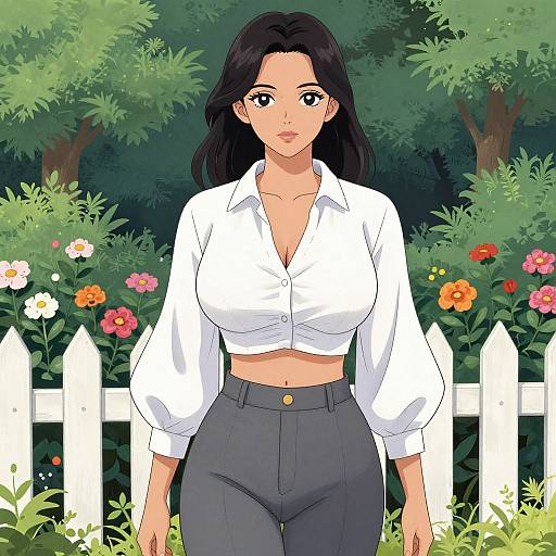 Digital anime-style drawing of a fair-skinned woman with long black hair, wearing a white button-up crop top and gray high-waisted pants,