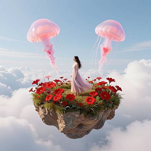 Digital art: Asian woman in flowing white dress stands on floating rock with red flowers, surrounded by three pink jellyfish, above clouds.