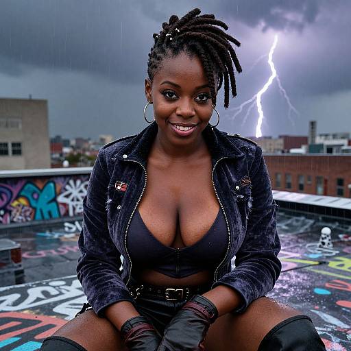 Photograph of a smiling, dark-skinned woman with dreadlocks, large hoops, black outfit, and gloves, sitting on a graffiti-covered rooftop during