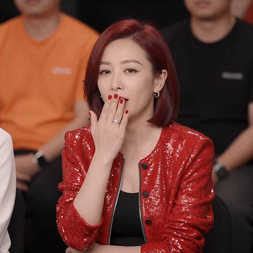 Asian Woman in Red Sequined Jacket Covering Mouth