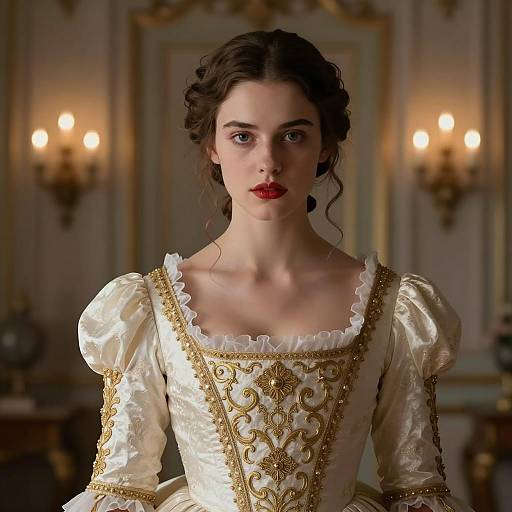 Regal Woman in White and Gold Historical Dress