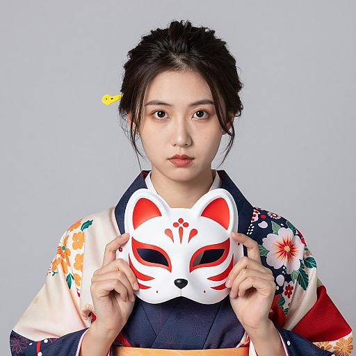 Elegant East Asian Woman with Fox Mask