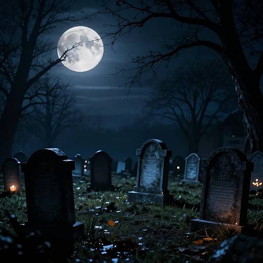 Photograph of a moonlit graveyard at night, with glowing full moon, silhouetted leafless trees, and dark, weathered tombstones