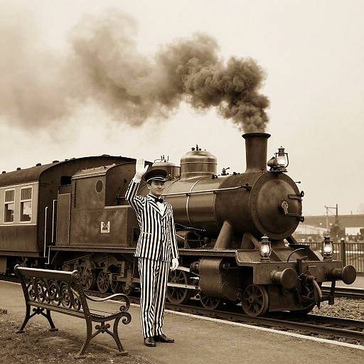 Vintage Train Conductor with Steam Engine