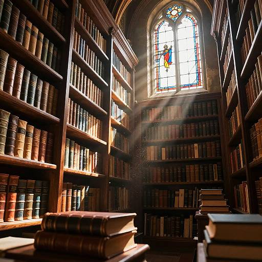 Sunlit library with tall, wooden bookshelves filled with leather-bound books, stacked books in foreground, and a colorful stained glass window at the back