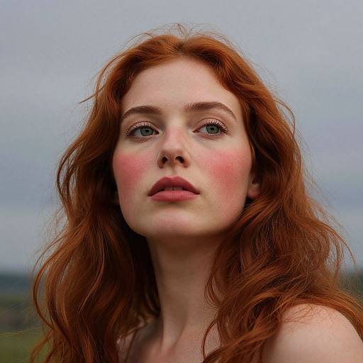 Photograph of a fair-skinned, red-haired young woman with freckles, rosy cheeks, and blue eyes, gazing slightly upward against