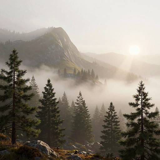 Foggy Mountaintop Pine Forest Scene