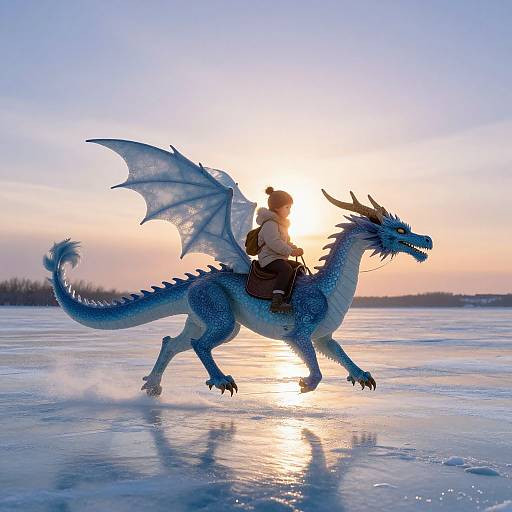 Photograph of a person riding a blue dragon with translucent wings on a frozen lake at sunset, sunlight reflecting off icy surface.
