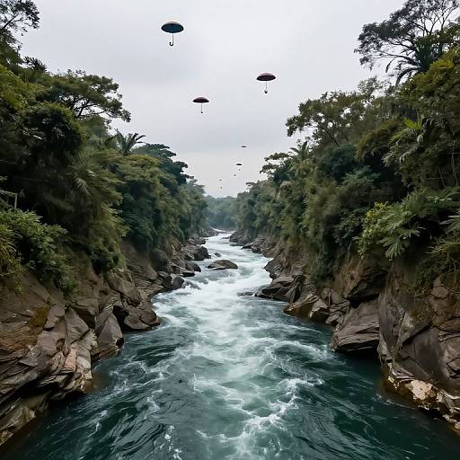 Photograph of a turbulent river flowing through a dense, green jungle canyon with rocky cliffs, under a cloudy sky. Paragliders float above,