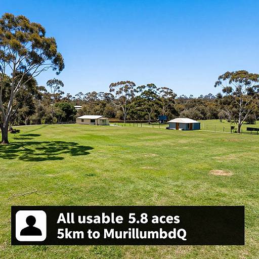 Photograph of a sunny, green park with trees, picnic shelters, and clear blue sky, featuring text overlay: 