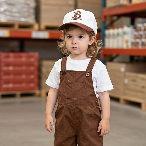 Photograph of a young girl with curly brown hair, wearing a white cap, brown overalls, and white shirt, standing in a warehouse with shelves
