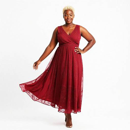 Mahogany Beauty in Flowing Red Dress