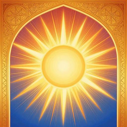 Bright sunburst illustration in a decorative, arch-shaped, orange patterned frame against a blue gradient background, creating a radiant, celestial effect.