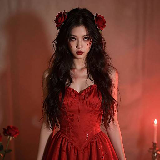Photograph of a young Asian woman with long, wavy black hair, wearing a red corset dress and red flower hairpiece, standing in a