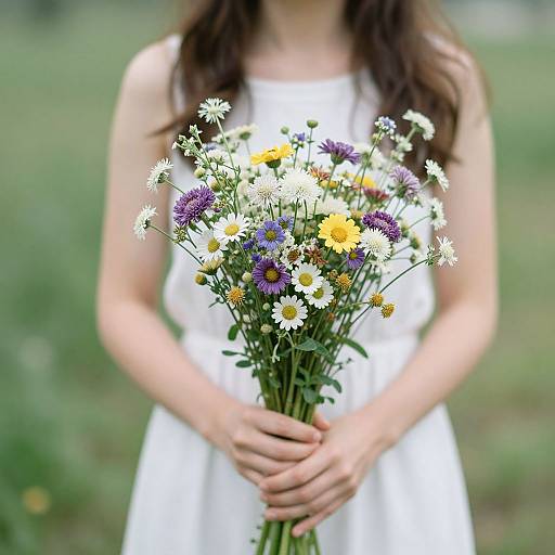 Photograph of a woman in a white dress, holding a bouquet of white, yellow, and purple wildflowers, with a blurred green grass background.