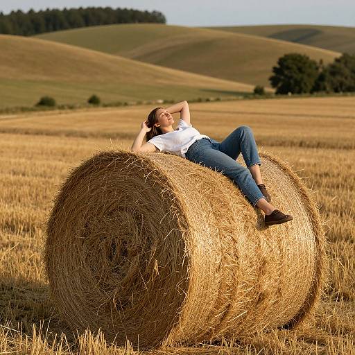 Serene Woman Reclining on Hay Bale