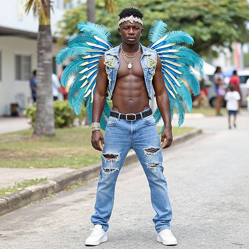 Photograph of a muscular Black man with blue feathered wings, wearing a gold headpiece, ripped jeans, and white sneakers, standing on a sunny